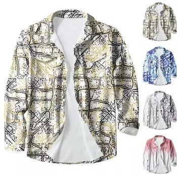 Мужская модная повседневная куртка-кардиган с пуговицами и лацканами с длинными рукавами и принтом L