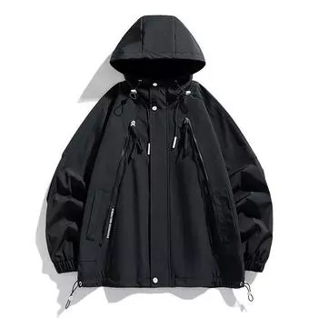 Мужская модная повседневная молодежная куртка с капюшоном, однотонная ветрозащитная куртка, водонепроницаемая мужская куртка больших размеров 2XL чёрный