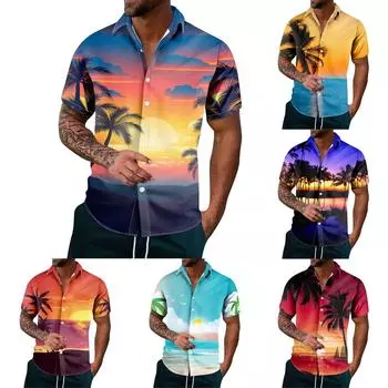 Мужская модная повседневная рубашка на пуговицах с топом с короткими рукавами и гавайским принтом L синий