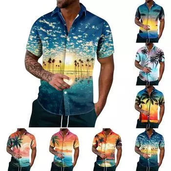 Мужская модная повседневная рубашка на пуговицах с топом с короткими рукавами и гавайским принтом L чёрный