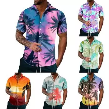 Мужская модная повседневная рубашка на пуговицах с топом с короткими рукавами и гавайским принтом L чёрный