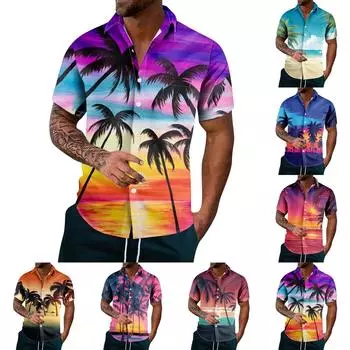 Мужская модная повседневная рубашка на пуговицах с топом с короткими рукавами и гавайским принтом L чёрный