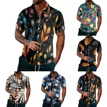 Мужская модная повседневная рубашка на пуговицах с топом с короткими рукавами и гавайским принтом L чёрный