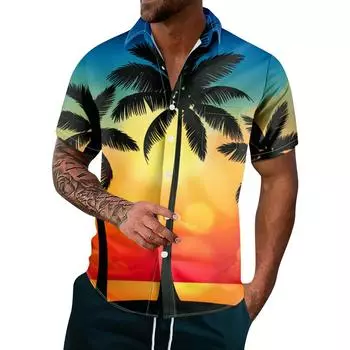 Мужская модная повседневная рубашка на пуговицах с топом с короткими рукавами и гавайским принтом L синий
