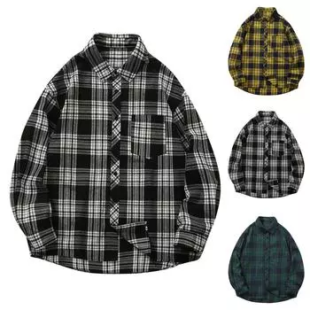 Мужская модная повседневная свободная клетчатая рубашка с карманами и лацканами с длинным рукавом, верхняя блузка XXL белый