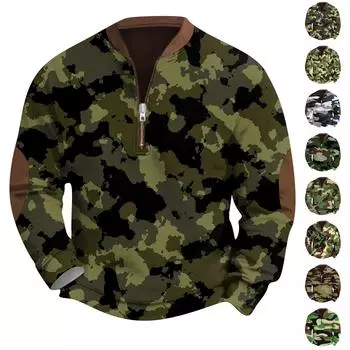 Мужская модная повседневная свободная толстовка с длинным рукавом и застежкой-молнией на половину воротника с камуфляжным принтом L армия зеленый