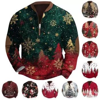 Мужская модная повседневная свободная толстовка с длинным рукавом и молнией на воротнике с рождественским принтом L бежевый