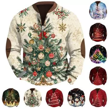 Мужская модная повседневная свободная толстовка с длинным рукавом и молнией на воротнике с рождественским принтом L чёрный