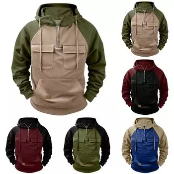 Мужская модная повседневная толстовка с капюшоном и длинными рукавами в стиле колор-блок M синий