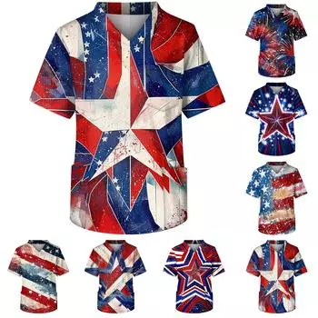 Мужская модная рабочая одежда с v-образным вырезом, короткими рукавами и карманами, топы с принтом ко Дню независимости и рабочая одежда XXL бежевый