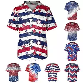 Мужская модная рабочая одежда с v-образным вырезом, короткими рукавами и карманами, топы с принтом ко Дню независимости и рабочая одежда L синий