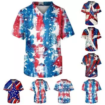 Мужская модная рабочая одежда с v-образным вырезом, короткими рукавами и карманами, топы с принтом ко Дню независимости и рабочая одежда L синий