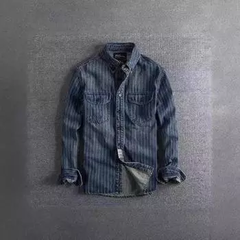 Мужская модная ретро-джинсовая куртка в полоску с длинными рукавами и потертостями для повседневной носки на весну и осень. 3XL чёрный