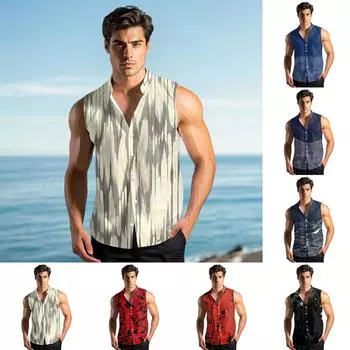 Мужская модная рубашка без рукавов с лацканами на пуговицах и жилеткой L бежевый