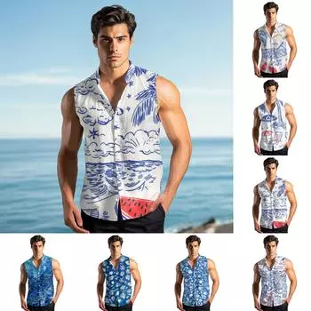 Мужская модная рубашка без рукавов с лацканами на пуговицах и жилеткой L синий