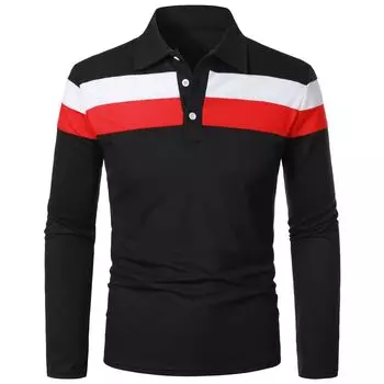 Мужская модная рубашка больших размеров на весну и осень в полоску с цветными блоками и отложным воротником на пуговицах с длинным рукавом S