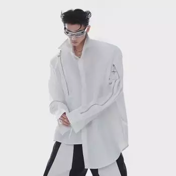 Мужская модная рубашка с длинным рукавом асимметричного кроя, подплечниками и застежкой-молнией – Коллекция Весна/Лето XXL
