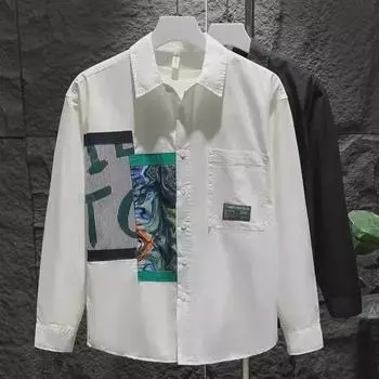 Мужская модная рубашка с длинным рукавом на весну/осень - модный топ с цветными блоками, молодежная куртка свободного кроя 2XL чёрный