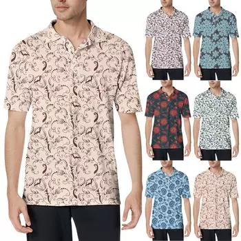 Мужская модная рубашка с коротким рукавом из мягкого хлопкового воротника с принтом XXXL бежевый