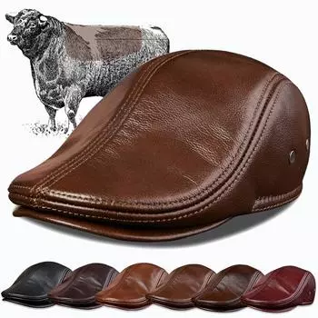 Мужская модная шапка из коровьей кожи, теплый утолщенный берет со скрытой защитой ушей M(53-54cm) чёрный