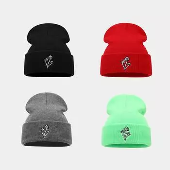 Мужская модная шапка с вышивкой в виде гриба, вязаная холодная шапка, женская модная простая универсальная шерстяная шапка, осенне-зимняя шапка-пуловер One size чёрный