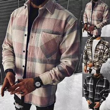 Мужская модная шерстяная куртка с длинным рукавом и пуговицами в клетку с принтом XXXXXL хаки