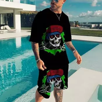 Мужская модная спортивная одежда в стиле ретро, летняя повседневная спортивная уличная одежда с короткими рукавами и принтом черепа, футболка с рисунком, комплект шорт M