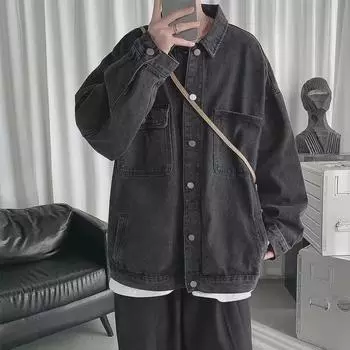 Мужская модная свободная джинсовая куртка - повседневная рабочая одежда весна/осень XL черный серый
