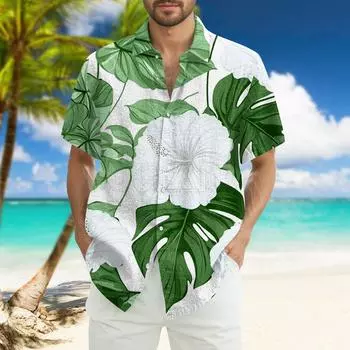 Мужская модная свободная гавайская принтованная пляжная рубашка с коротким рукавом L армия зеленый
