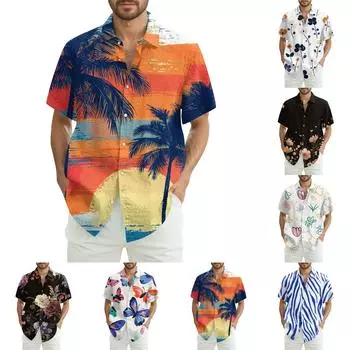 Мужская модная свободная гавайская принтованная пляжная рубашка с коротким рукавом L чёрный
