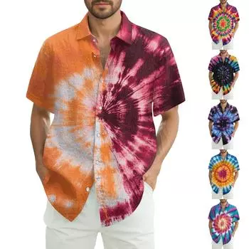 Мужская модная свободная пляжная рубашка с коротким рукавом и принтом тай-дай XXL чёрный