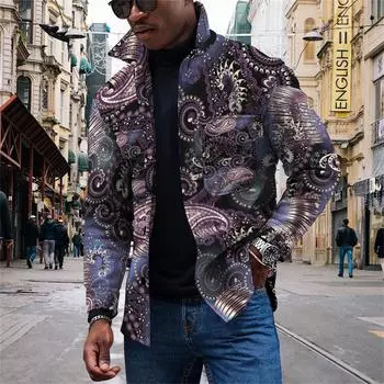 Мужская модная тенденция, повседневная повседневная куртка на пуговицах с длинным рукавом с принтом L светло-серый