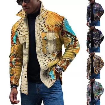 Мужская модная тенденция, повседневная повседневная куртка на пуговицах с длинным рукавом с принтом M золотой