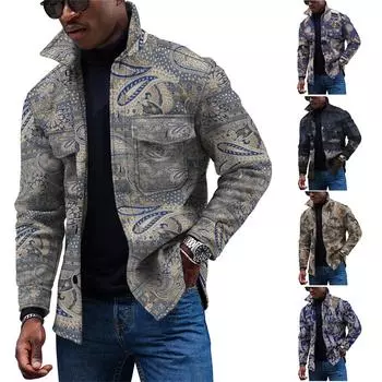 Мужская модная тенденция, повседневная повседневная куртка на пуговицах с длинным рукавом с принтом XL темно-синий