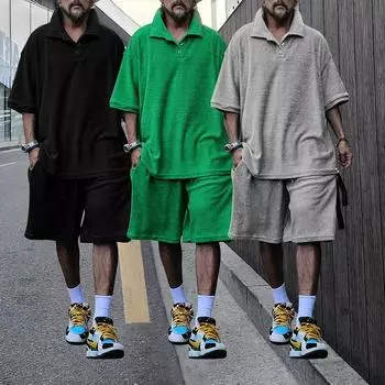 Мужская модная тенденция, универсальная летняя футболка-поло с короткими рукавами, шорты с короткими рукавами, свободный повседневный комплект из махровой ткани, оптовая продажа S чёрный