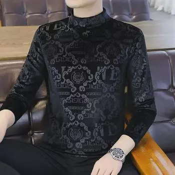 Мужская модная толстовка из золотистого бархата со средней горловиной и длинными рукавами - плотная, теплая, осенне-зимняя футболка с полувысоким воротником 4XL (180-200 jin)