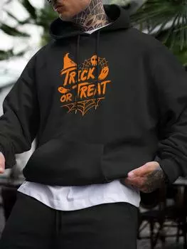 Мужская модная толстовка с капюшоном на шнурке, повседневная повседневная толстовка с графическим принтом с изображением мультфильма «Хэллоуин» и английскими буквами, передний карман-кенгуру, толстовка для мужчин S