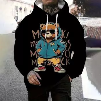 Мужская модная толстовка с капюшоном с изображением медведя из мультфильма для отдыха на природе и походов M коричневый