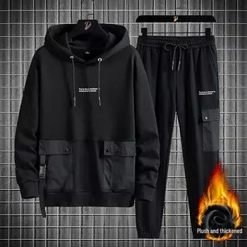 Мужская модная толстовка с капюшоном: Утепленная куртка из бархата Autumn Plus, свободная повседневная спортивная футболка с длинными рукавами.