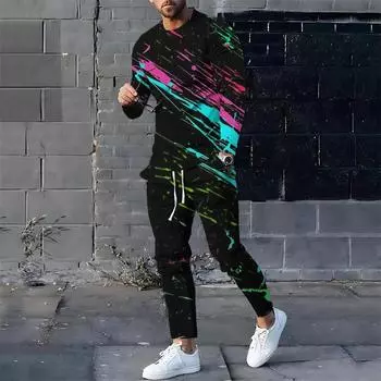 Мужская модная толстовка с принтом Splash Paint 3D, крутая, для бега на ветру, весна-осень, толстовка с круглым вырезом и брюки S