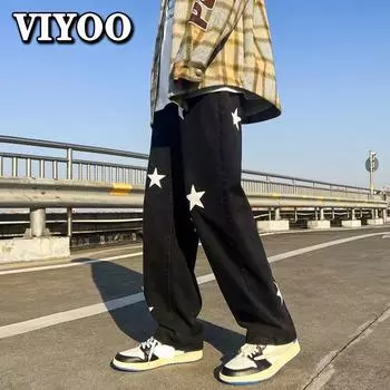 Мужская модная трендовая одежда Y2K, мешковатые прямые винтажные брюки с принтом, джинсы для мужчин, повседневные джинсовые брюки, уличная одежда, мужские спортивные штаны S чёрный