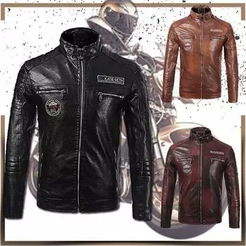 Мужская модная винтажная мотоциклетная куртка кожаное пальто с длинным рукавом и воротником-стойкой Клубная куртка-бомбер S чёрный