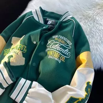 Мужская модная вышитая бейсбольная куртка - весна/осень, повседневный свободный крой, уличный стиль Medium чёрный