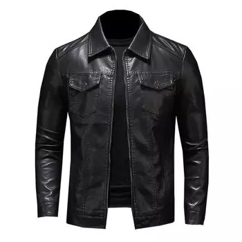 Мужская мотоциклетная кожаная куртка большого размера с карманами, черная молния с лацканами, облегающая мужская весенне-осенняя куртка из искусственной кожи высокого качества