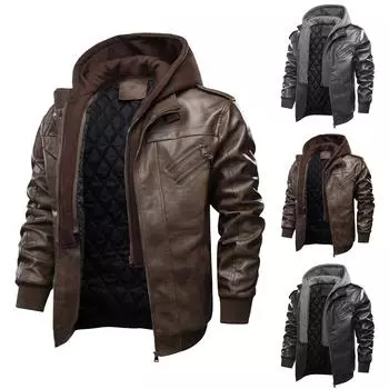Мужская мотоциклетная кожаная куртка для отдыха с хлопковой теплой курткой, утолщенная большая куртка со съемным капюшоном L кофейный