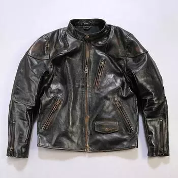 Мужская мотоциклетная куртка цвета хаки из кожи - стиль Venom, воротник-стойка, воловья кожа 3XL