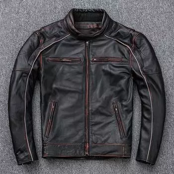 Мужская мотоциклетная куртка из натуральной кожи первого слоя, потертая кожаная куртка в стиле ретро с воротником-стойкой, мотоциклетная куртка M
