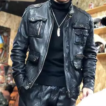 Мужская мотоциклетная куртка из овчины в японском стиле с множеством карманов L (65-72.5 kg) чёрный