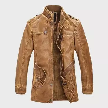 Мужская мотоциклетная куртка средней длины из искусственной кожи с воротником-стойкой — европейский и американский стиль, плюс бархат, повседневная одежда для осени и зимы. L