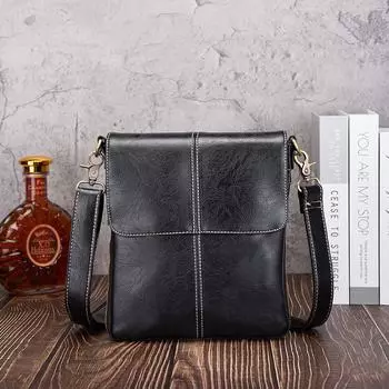 Мужская мягкая кожаная повседневная сумка-мессенджер в корейском стиле – маленькая вертикальная сумка-перекидная через плечо чёрный